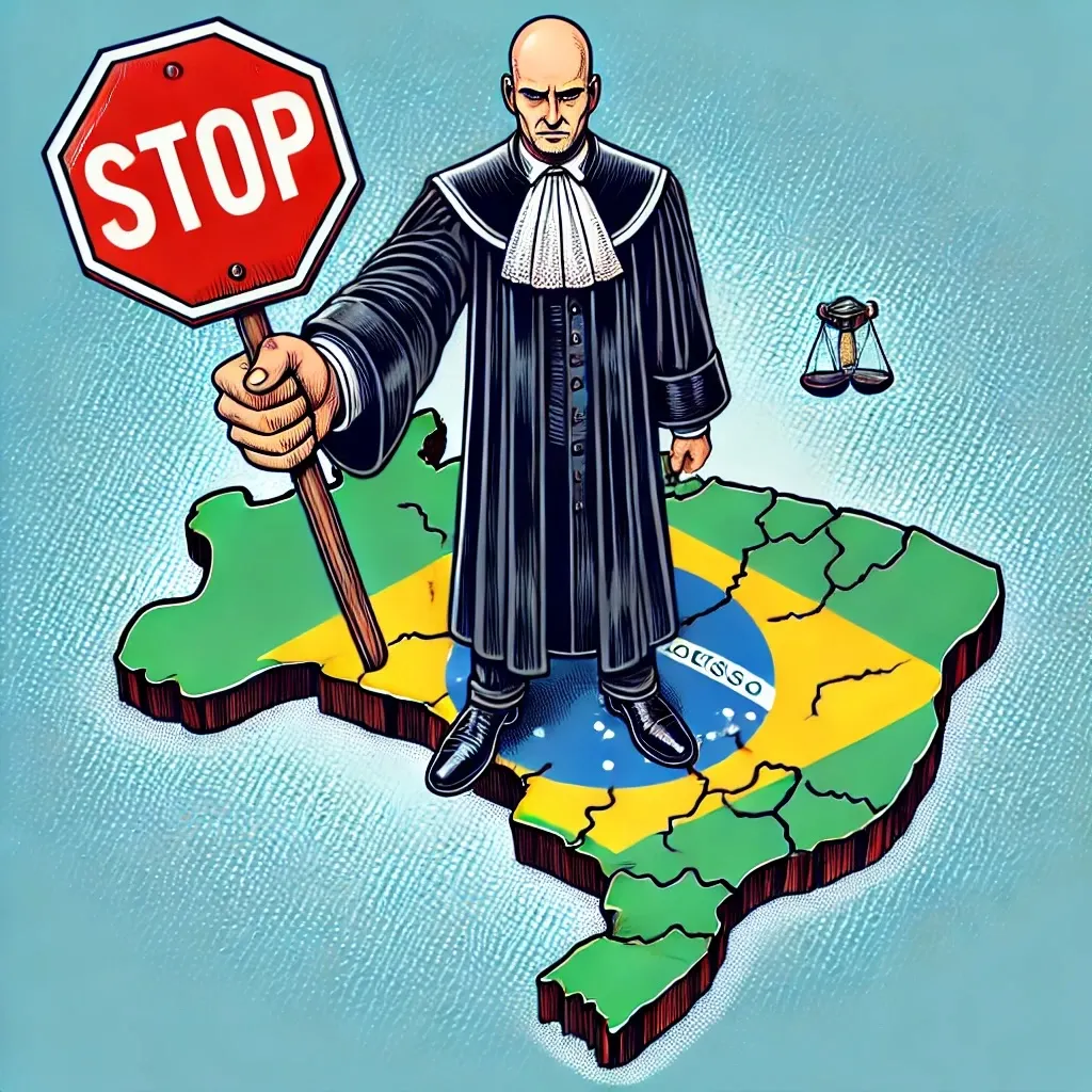 IMAGE: A comic-style illustration of a bald man dressed as a judge over the map of Brazil, holding a STOP sign