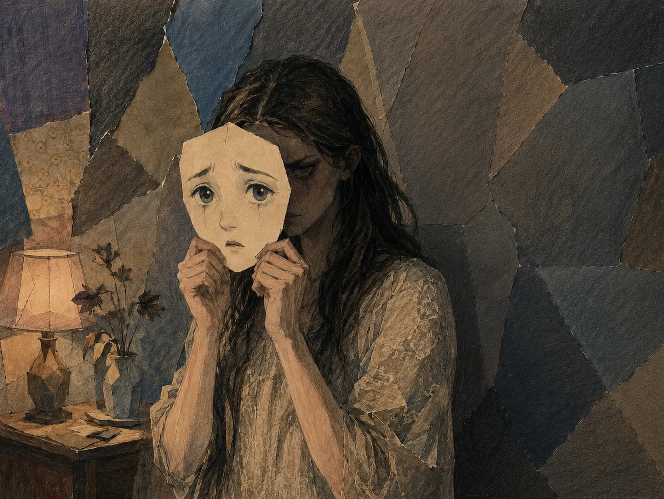 A moody color-pencil and cut-paper collage illustration shows a young woman in a dim room holding a pale paper mask with large sad eyes in front of her face. Behind the mask, part of her real face is visible in shadow, darker and more unsettling, while a warm lamp and wilted flowers sit beside her, suggesting self-deception, denial, and a harmful person seeing herself as helpless.
