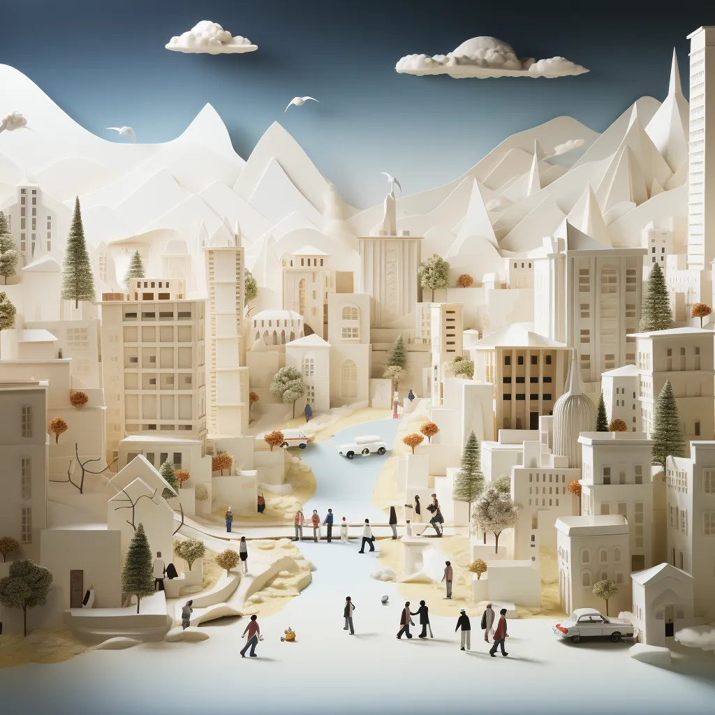 Paper town concept image, with white buildings and people made of paper.