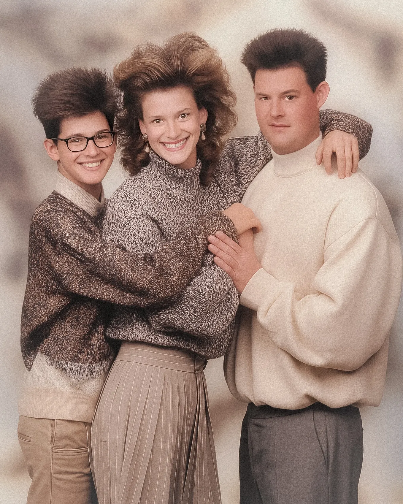 A staged 1980s family portrait. A broadly grinning mother with big, curled hair stands between her husband and teenage son. All wear chunky knit sweaters. The son on the left, wearing glasses, has a wide, toothy smile. The father on the right shows a closed-lip smile, his expression more reserved than the others.