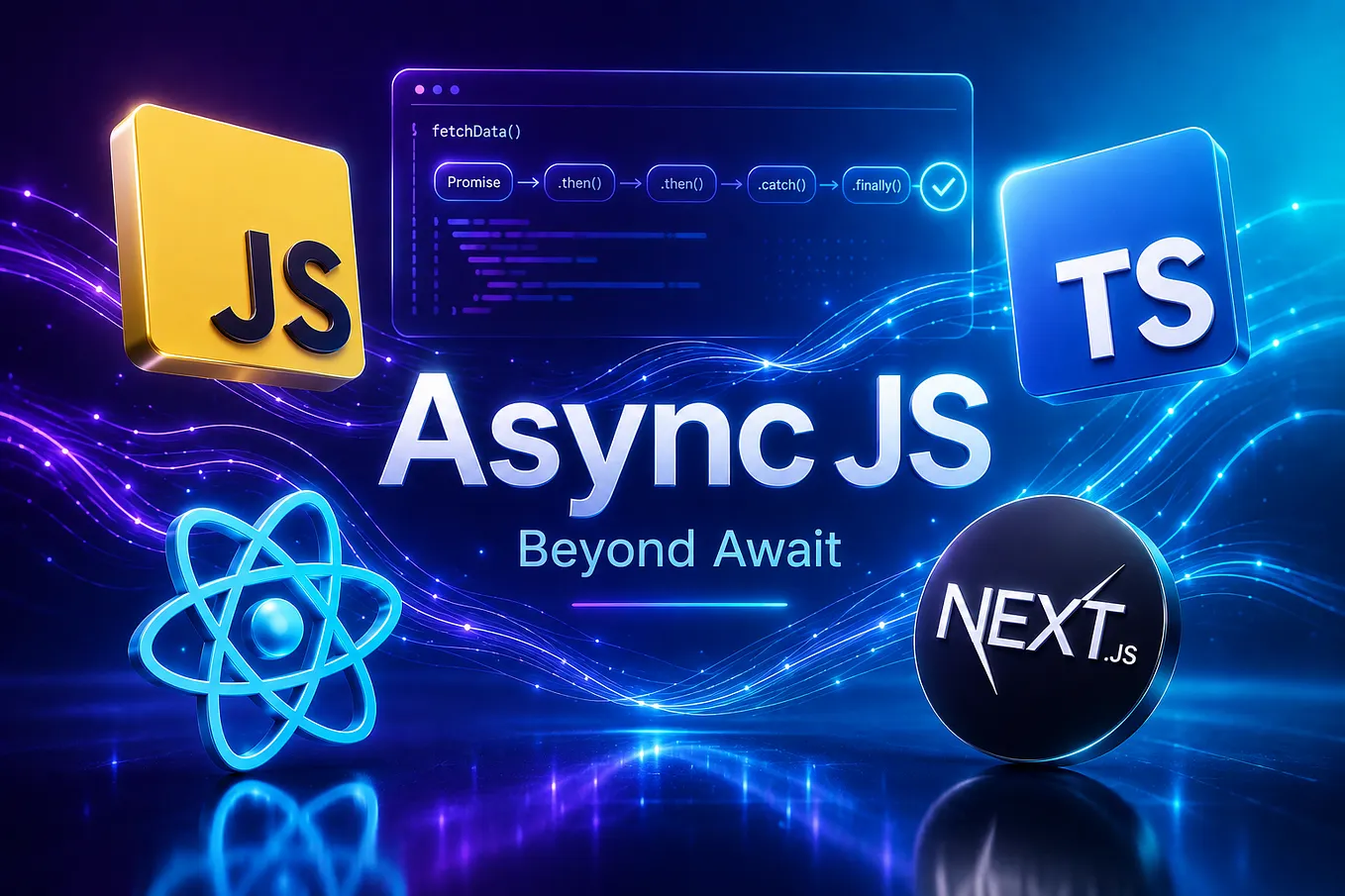 Realistic 3D JavaScript, TypeScript, React, and Next.js logos on a gradient indigo-to-cyan background with flowing data lines, representing advanced async JavaScript patterns.