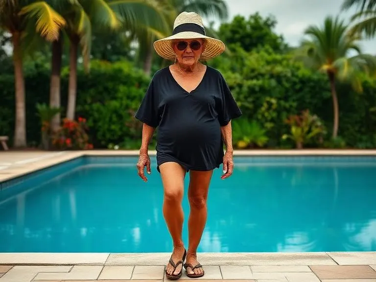 Older woman in a black cover-up at the pool.