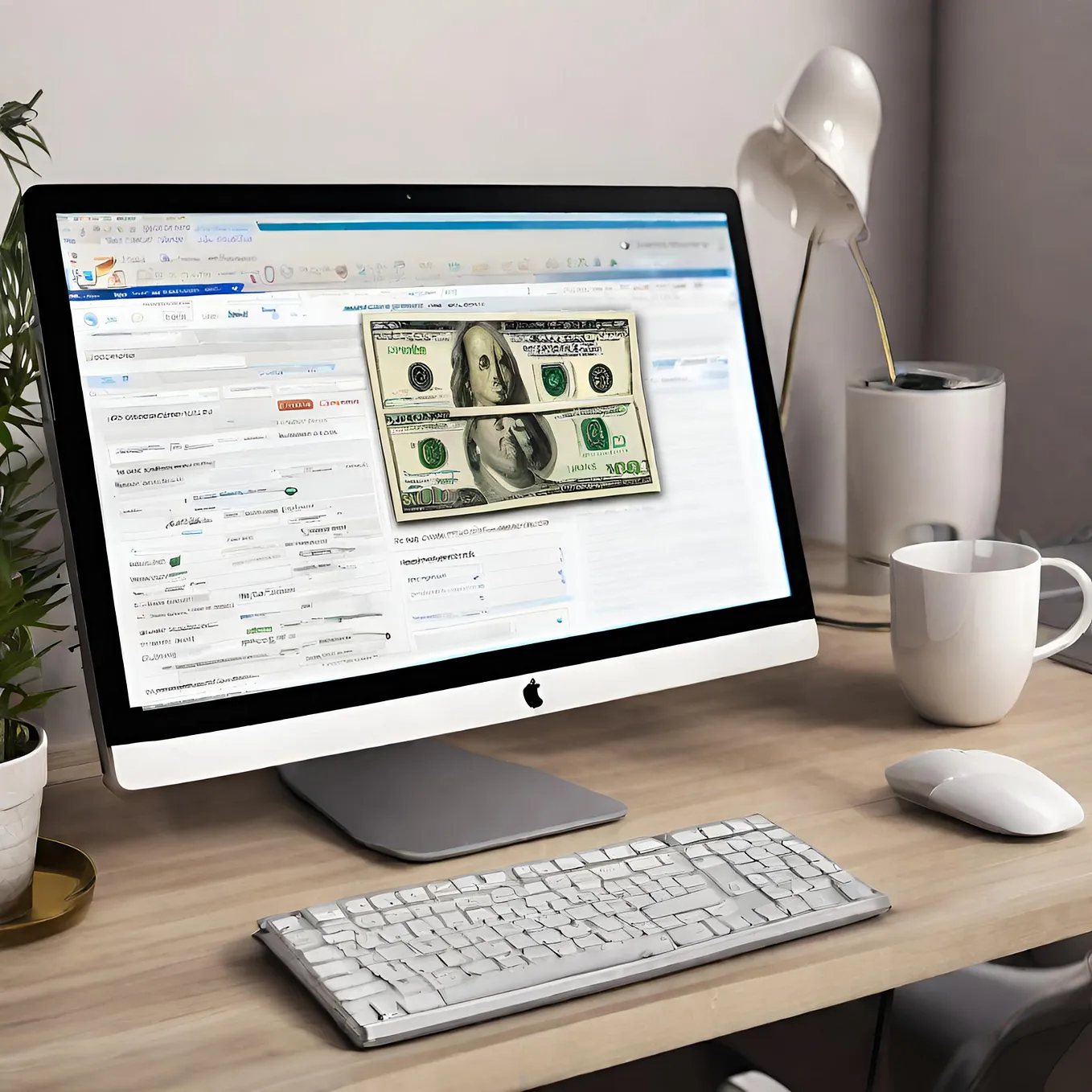 A home desktop PC screen displays a website buying and selling marketplace and U.S. cash bills.