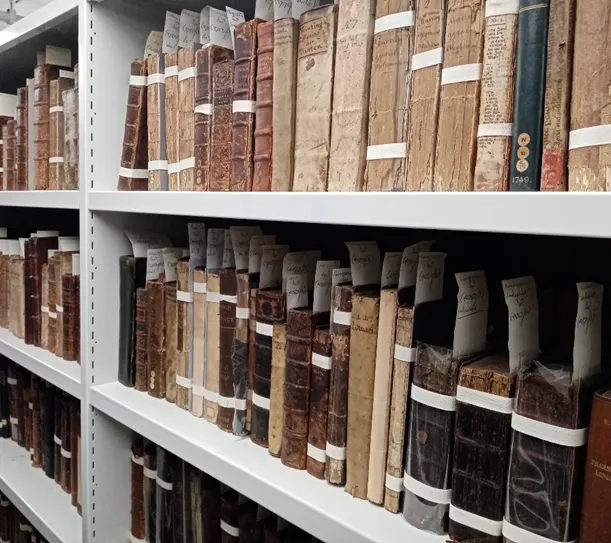 Grey metal shelves filled with rare books. The covers on the spines are a mix of light and dark brown with some tied with white cotton tape.