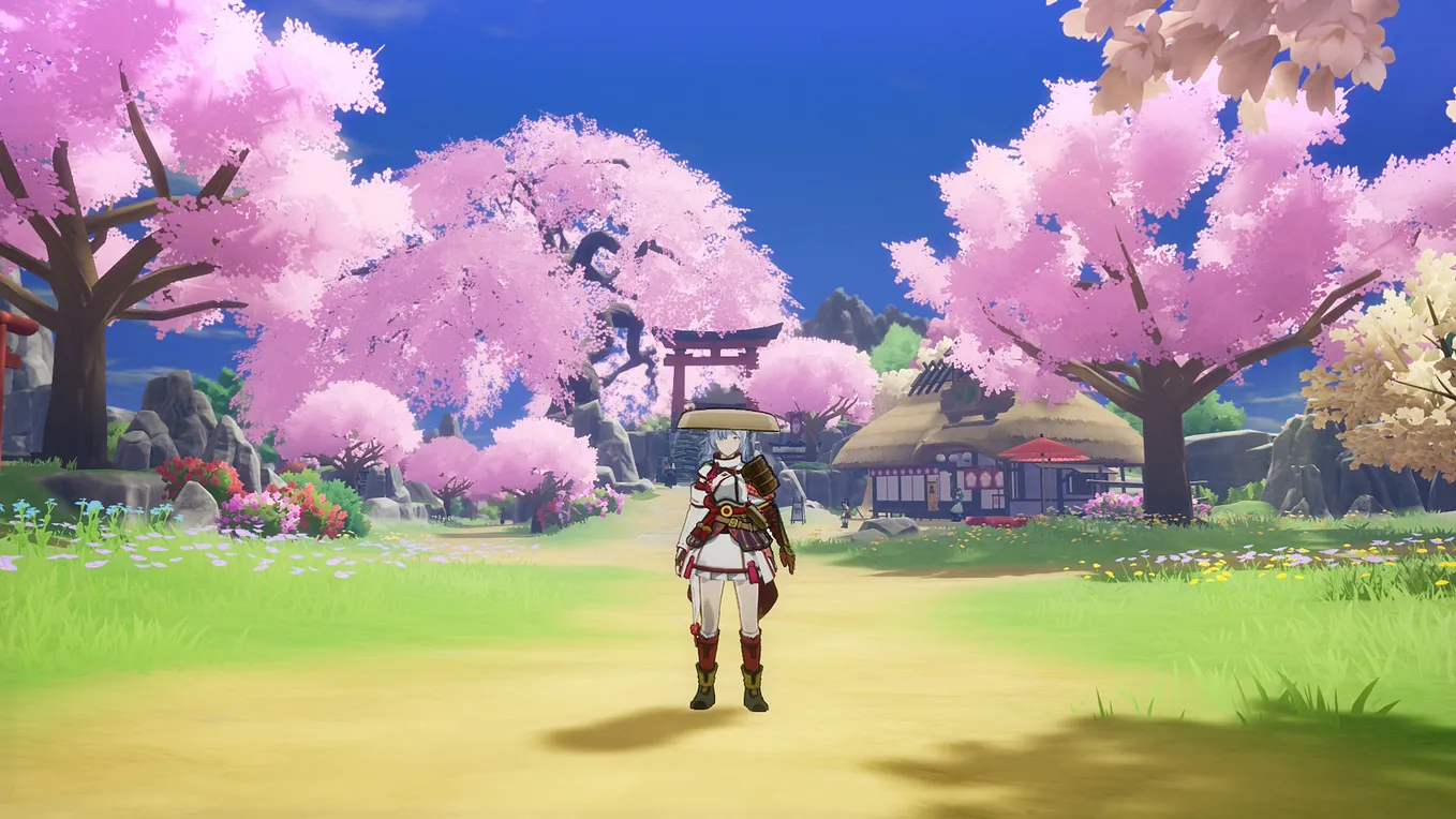 The customizable main character of Rune Factory: Guardians of Azuma stands on a road surrounded by bright pink trees.