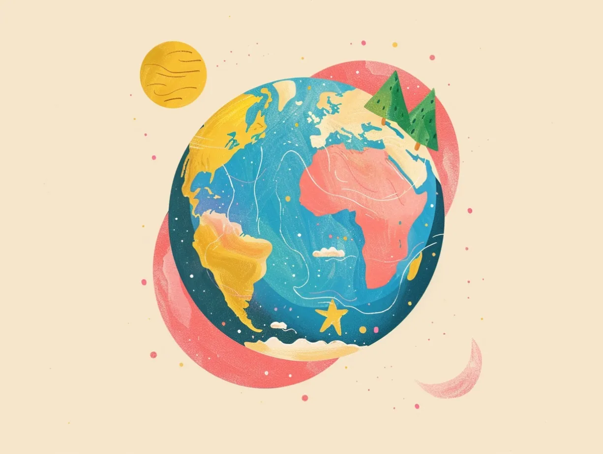 A colourful illustration of planet earth, showing Africa and the Americas and Europe, on a yellow background.