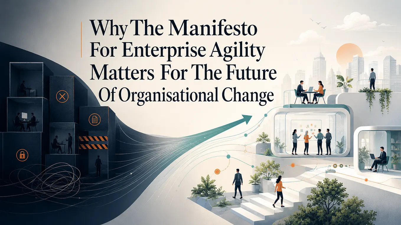 Enterprise agility graphic showing a shift from blocked silos to adaptive, collaborative organisational change.