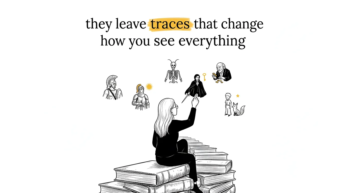 Line art illustration of a woman sitting on a stack of giant books, pointing at floating historical and fictional characters. Text above reads they leave traces that change how you see everything