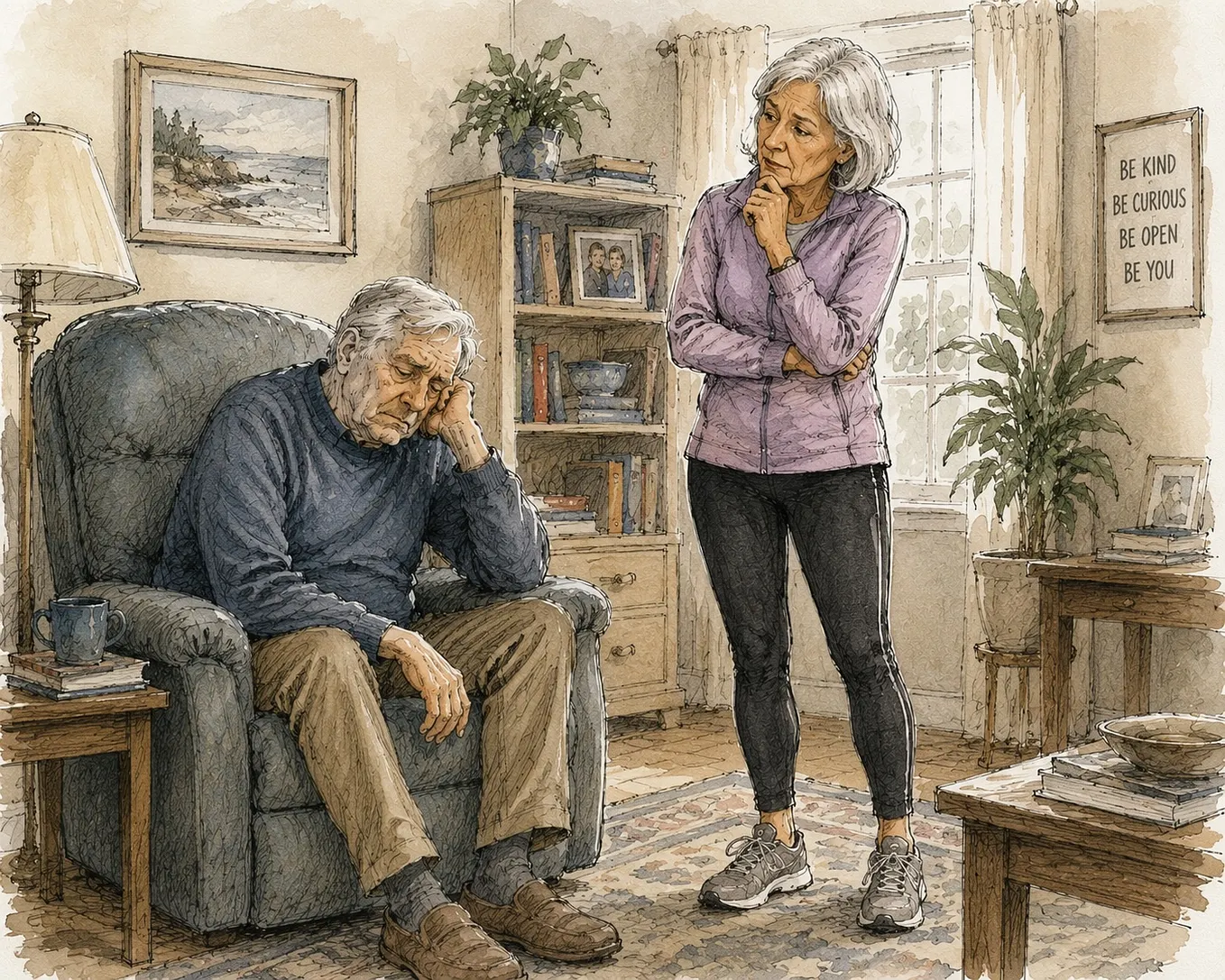 An aging couple where the man is sitting in the chair looking tired and old and the woman is looking fit, and thinking pensively, “What do I do?”