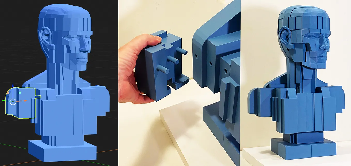 Three images, a screenshot of the model in Blender, a detail of a pluggable part, and the final sculpture