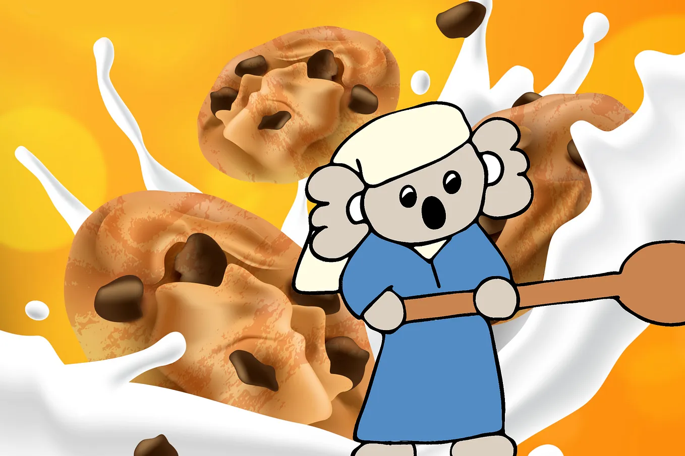 A koala baker appears in front of a cookie background