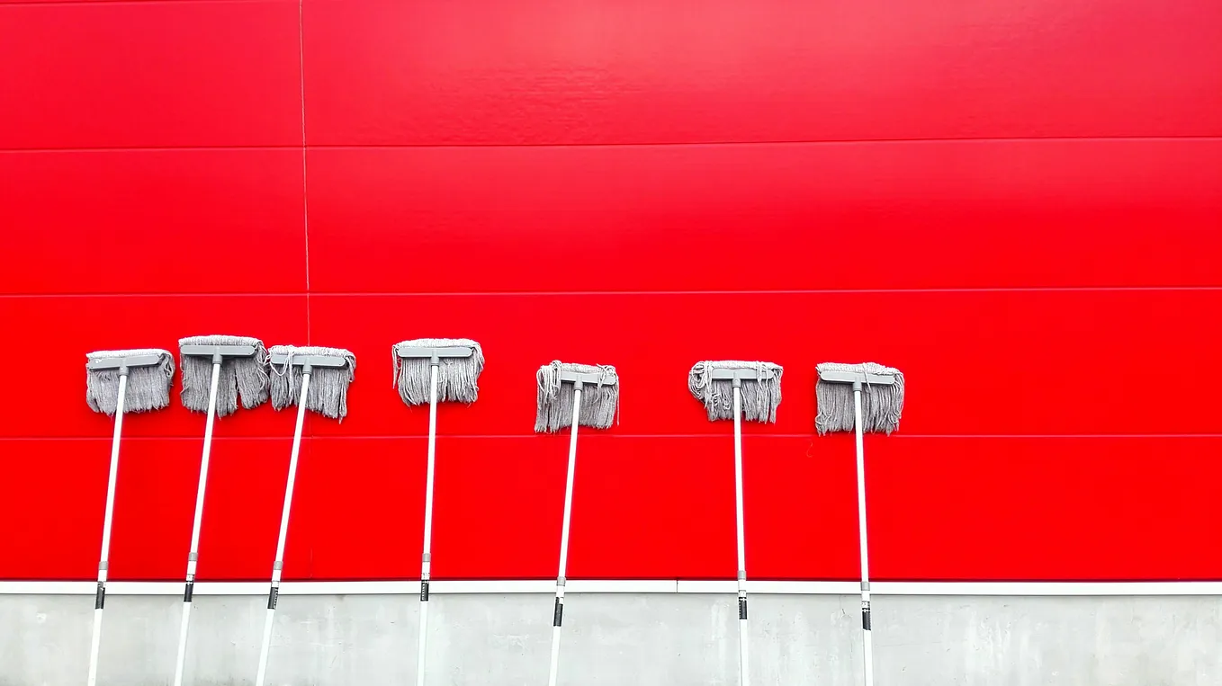 Image showing 7 mops against a red wall.