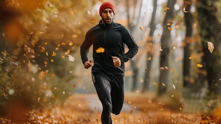 A man running in Autumn surrounded by trees with falling leaves.