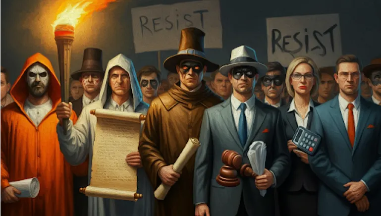a group of protesters, dressed in halloween costumes.