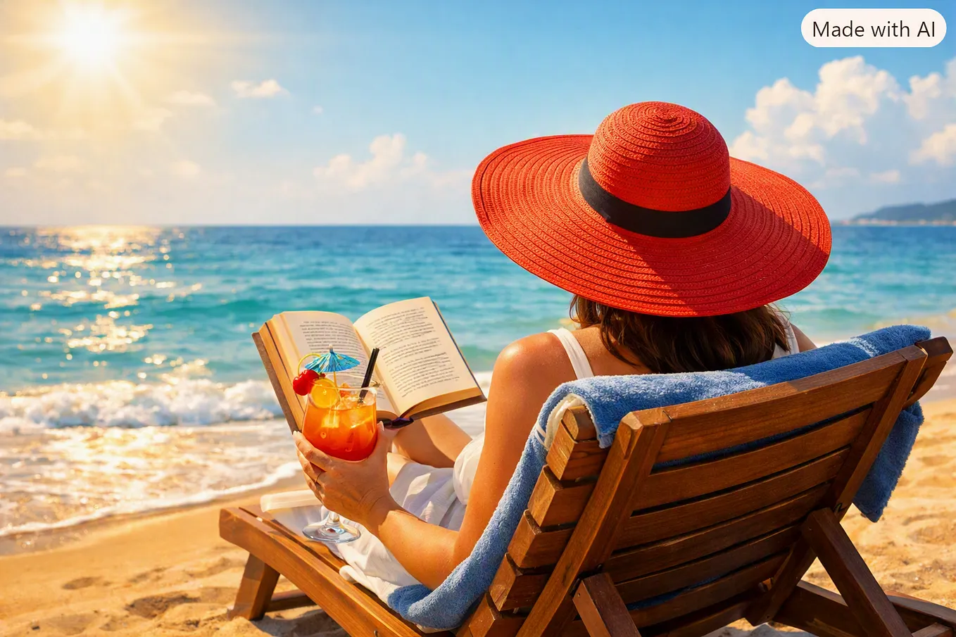 A woman is sunbathing on a beach, seen from behind as she relaxes on a wooden lounge chair. She is wearing a large red sun hat. In her left hand, she holds a tropical cocktail with ice, an orange slice, a cherry, and a small paper umbrella. On her right is an open book. The beach around her is bright and sandy, the ocean is turquoise with gentle waves, and the sky is clear with soft white clouds. The whole scene feels warm, calm, and summery—a quiet moment of seaside relaxation.