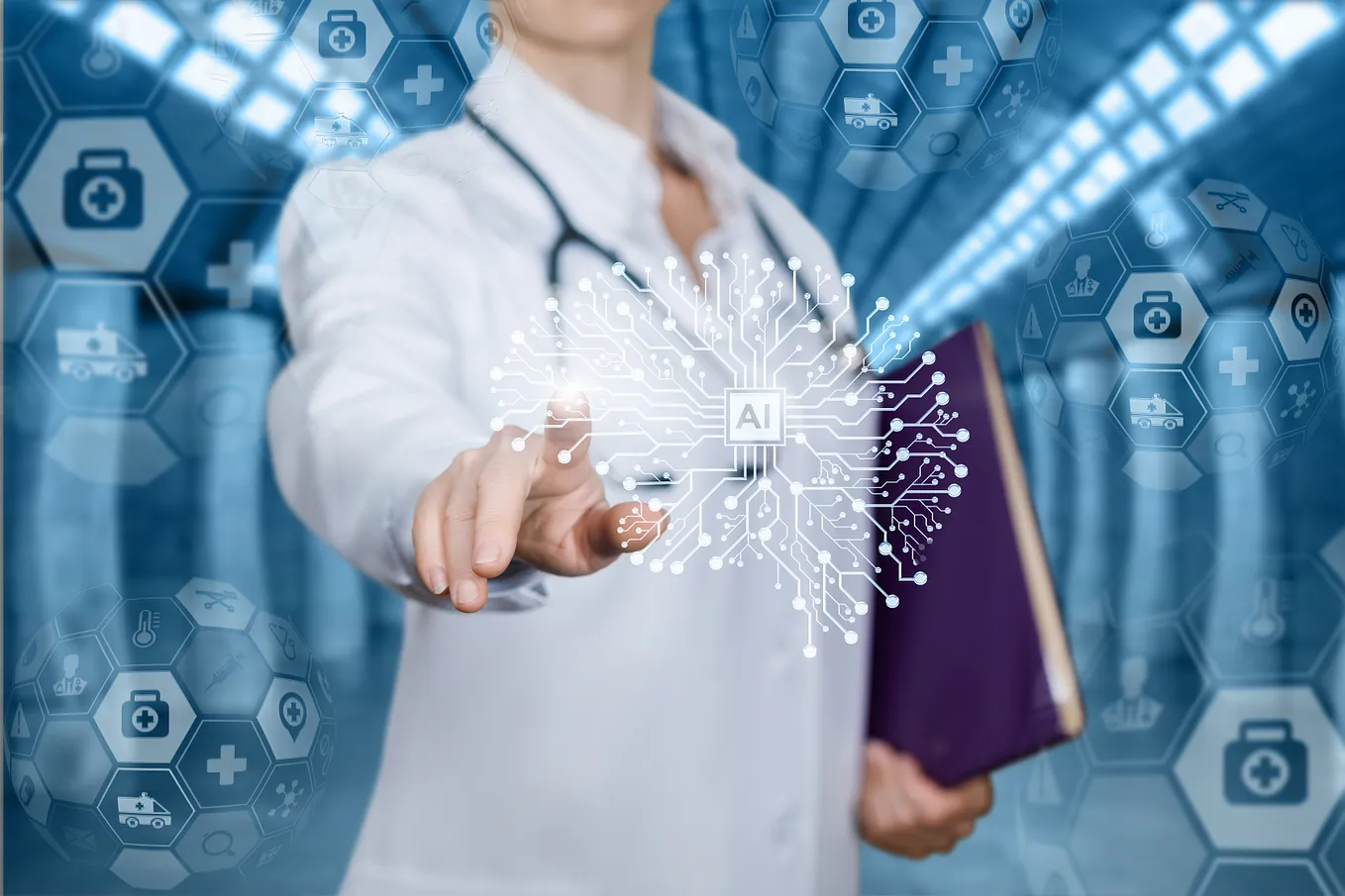 Doctor tapping a digital image of a brain with AI in the middle. Photo by Natali_Mis/Getty Images