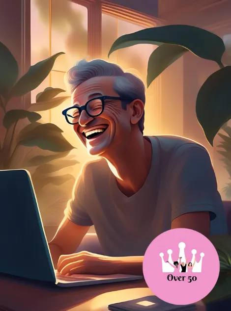 A middle-aged white man laughs at his laptop.