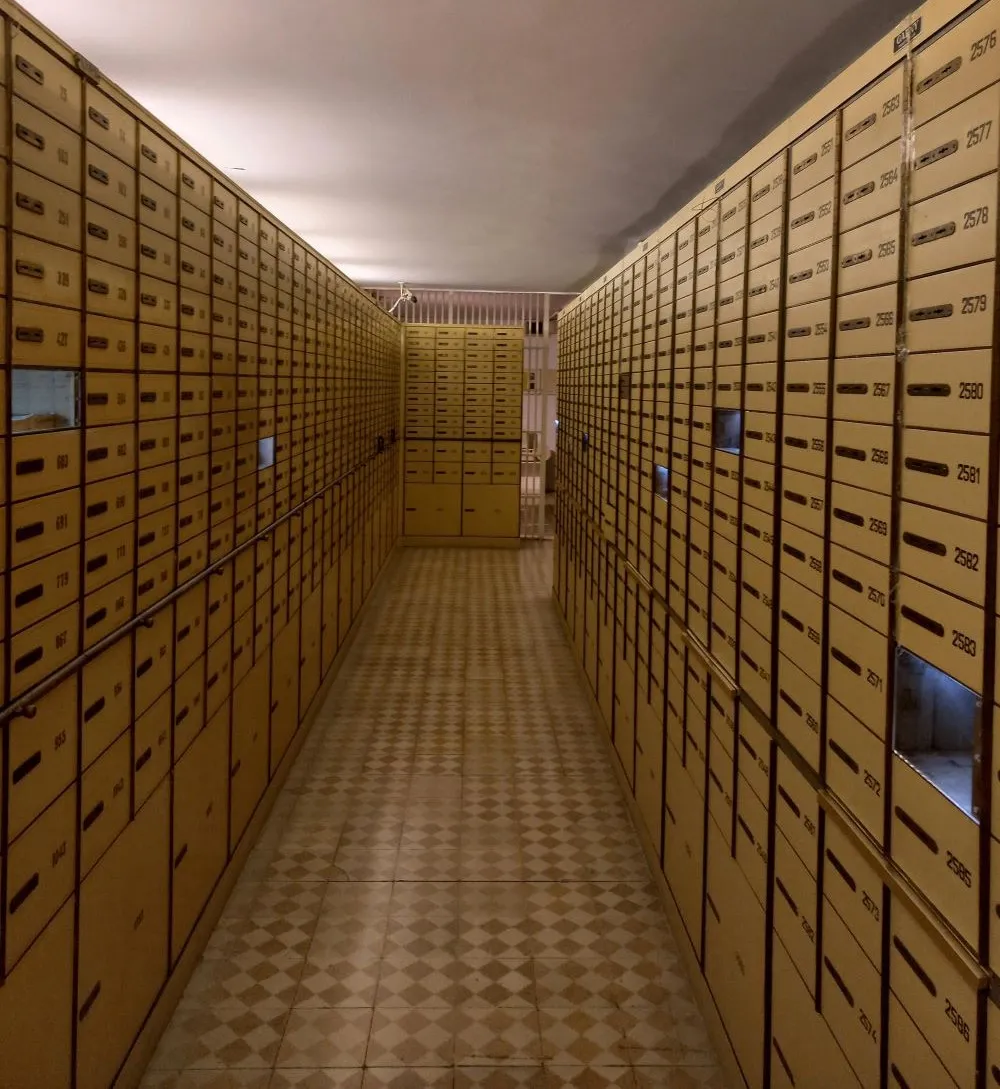 Safe deposit boxes at a bank.