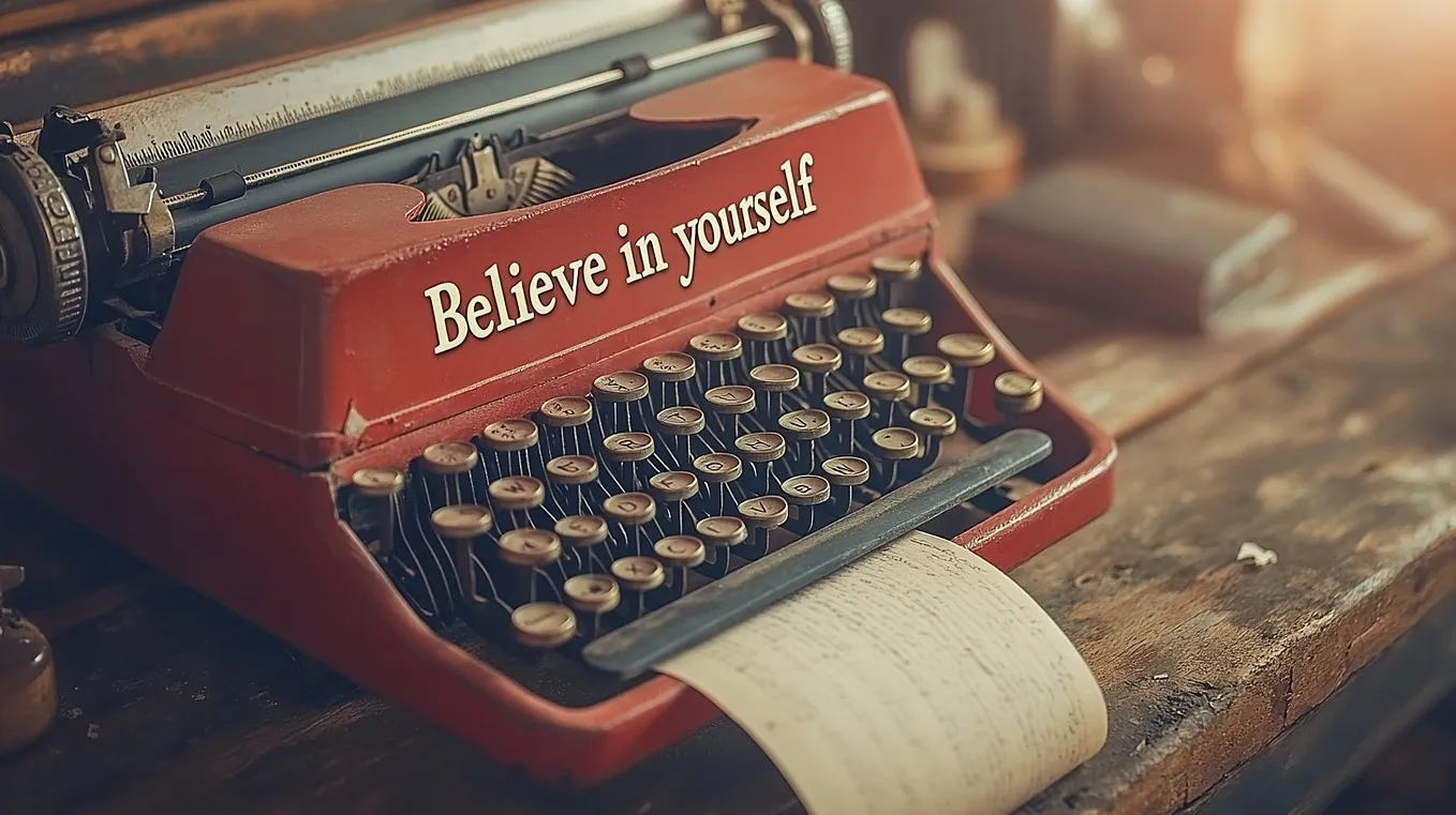 A vintage red typewriter sits on a wooden table, bearing a motivational quote ‘Believe in yourself’.