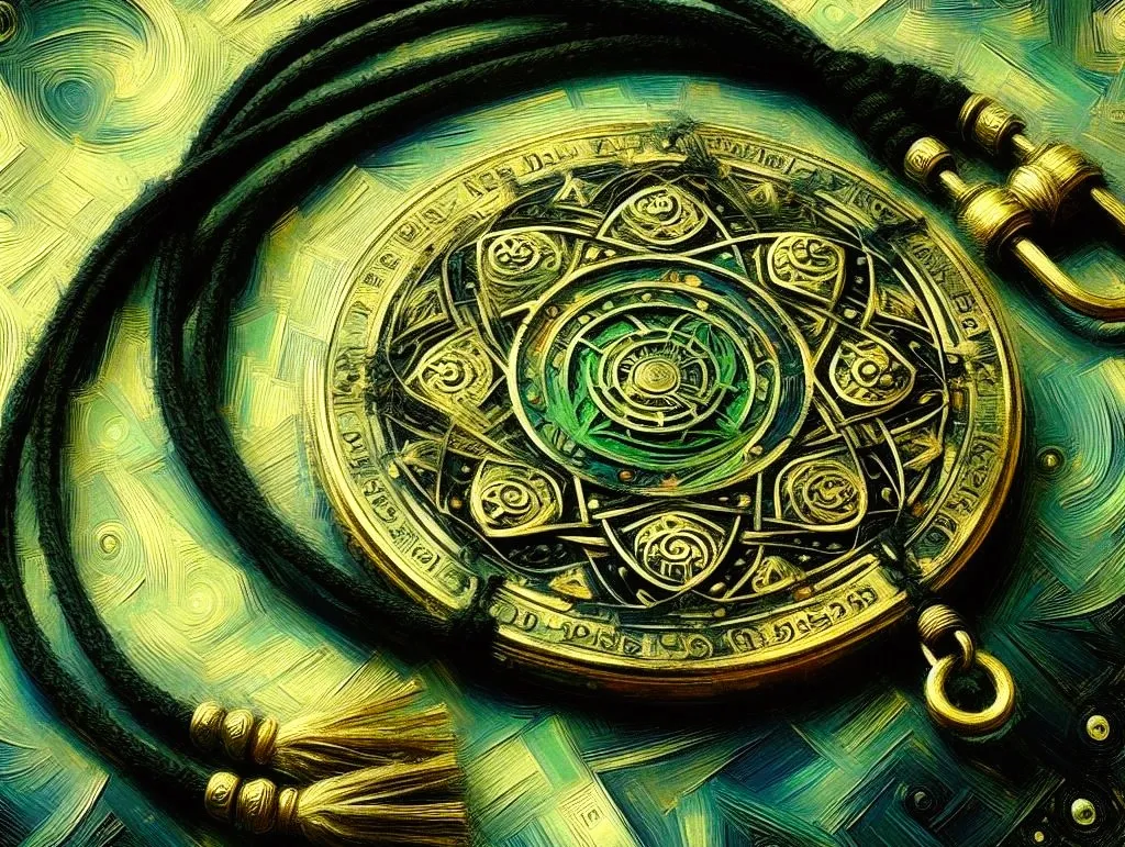 an impressionistic image of green talisman and black thread