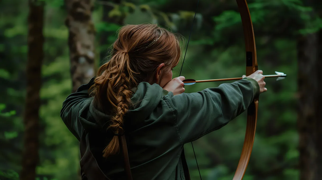 woman aims bow and arrow into woods