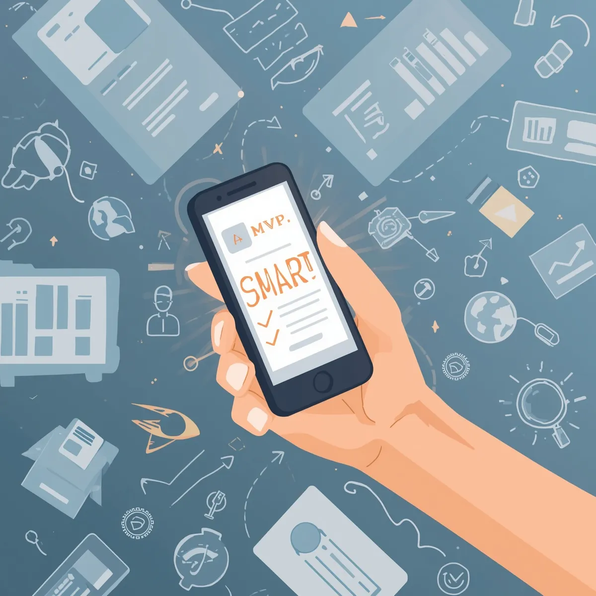 An image of a phone held by a hand with the word SMART written on the screen to reflect how MVPs should be smart not just small