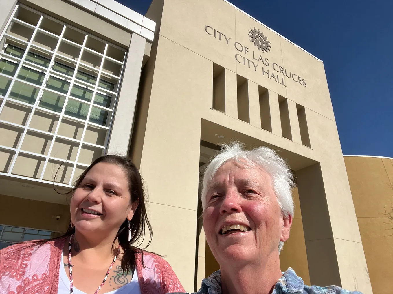 Dawn Zephier (L) and Diane Nilan, in front of City of Las Cruces City Hall