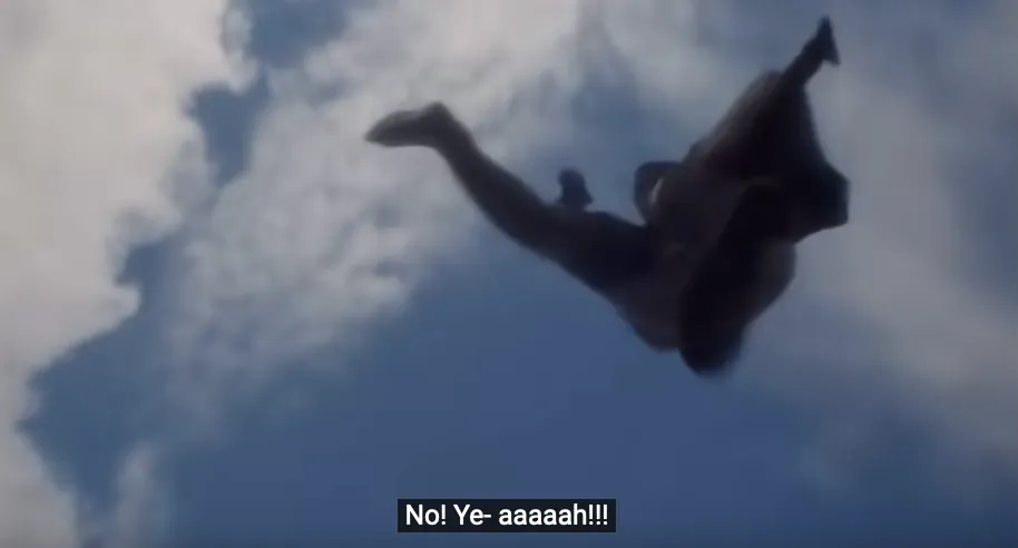 Capture écran d’une vidéo : soldat médiéval en armure projeté dans les airs. Sous-titre “No! Ye-aaaaah!!!!”