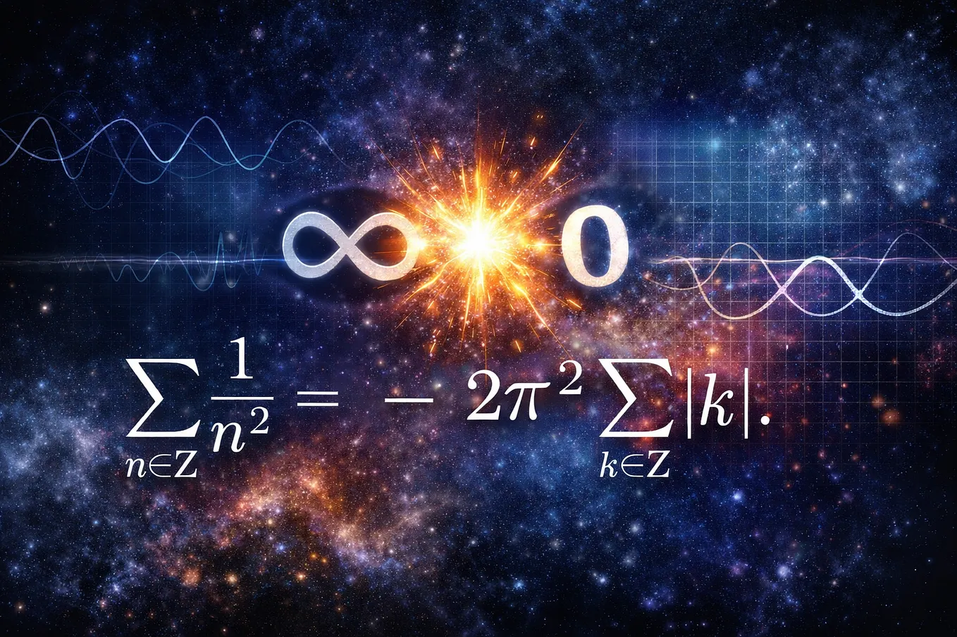 A background consisting of stars in the universe and an explosion in the middle that looks like a product sign between an infinity symbol and a zero. An equation of divergent series in the foreground comes from the Poisson summation formula.