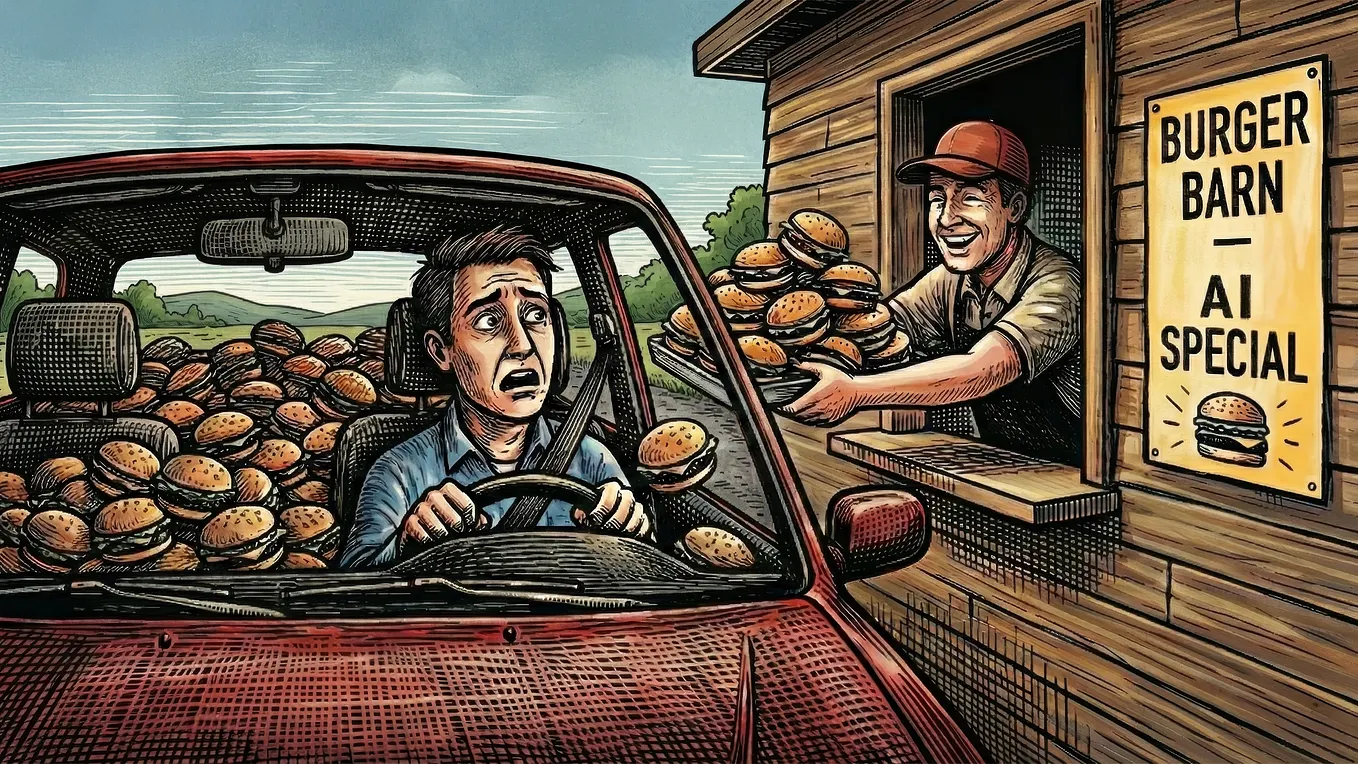 Illustration of a stressed driver in a car overflowing with burgers as a smiling drive-thru worker hands over more, under a sign reading “Burger Barn AI Special.”