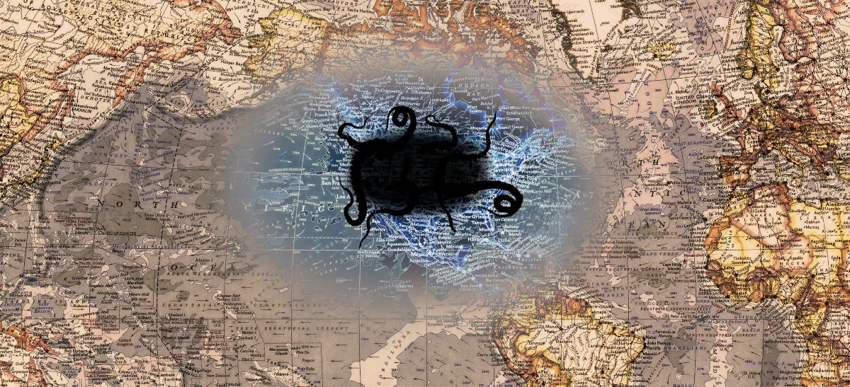 A vintage world map. The US has been obscured by a roiling black cloud from which squirm many questing tentacles. A large area around the US has been discolored.