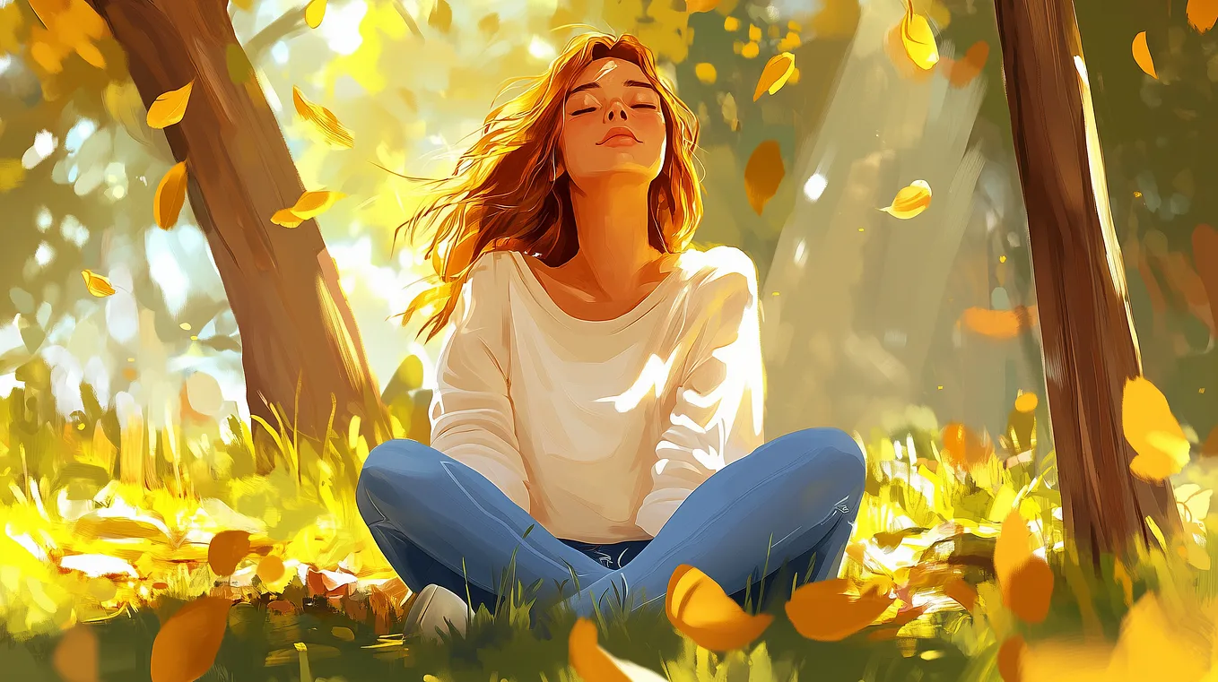 A woman sits peacefully in a sunlit park, eyes closed, with autumn leaves falling around her, enjoying a moment of calm.