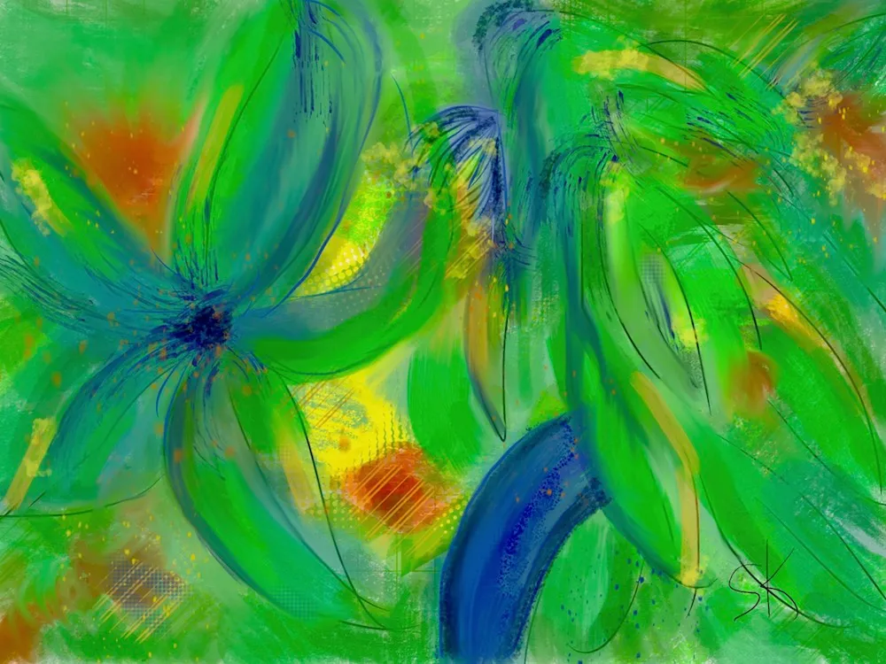 An abstract design suggesting flowers and dragonflies, blues and greens.