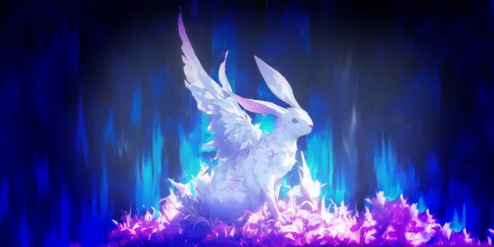A bunny sitting atop purple and white leaves with blue background accents.