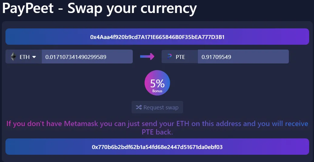 PeetPay! Send Eth get PTE