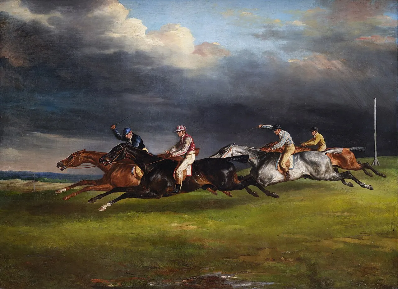 Four jockeys racing horses under a dramatic, stormy sky.