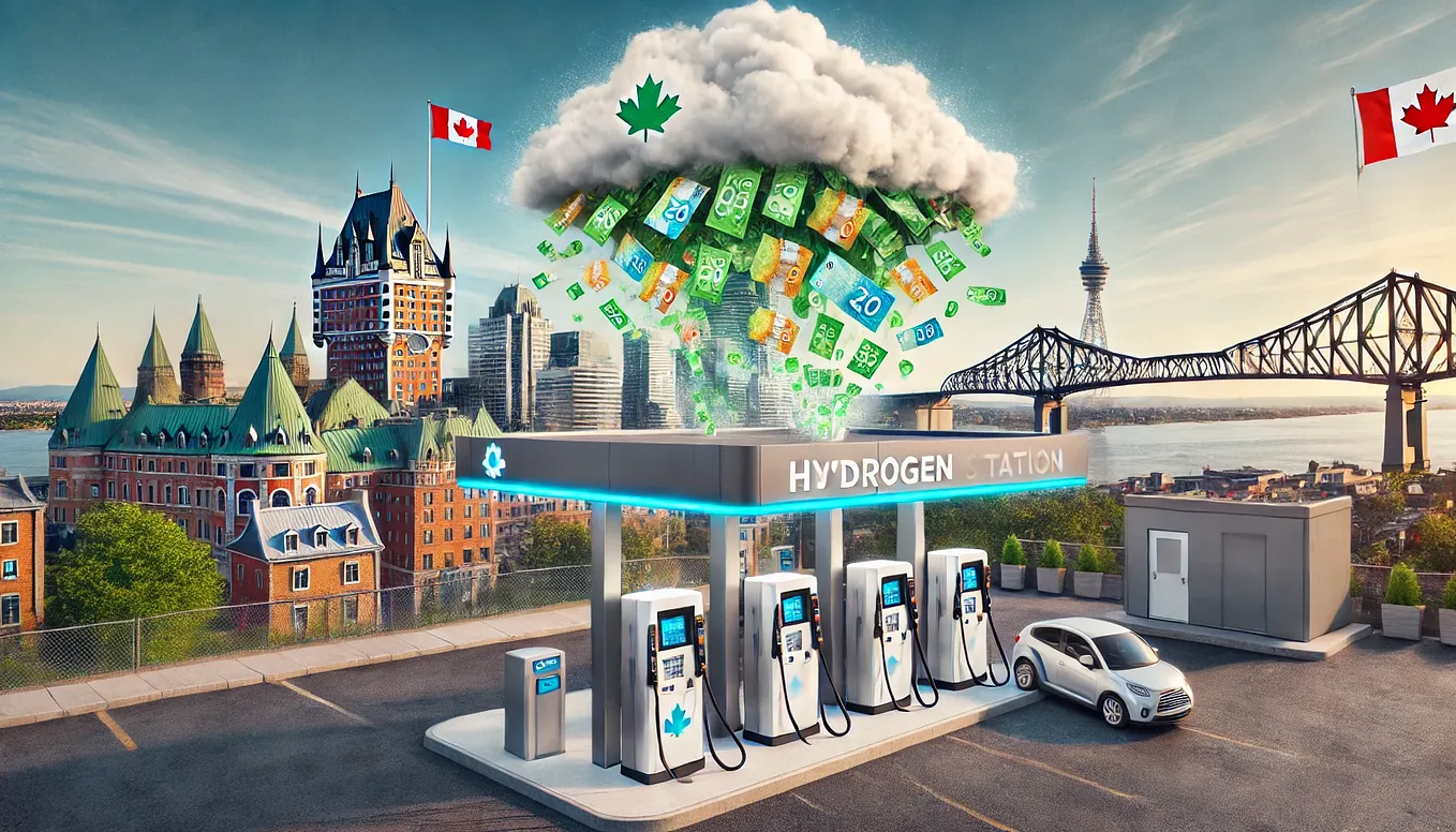 ChatGPT generated panoramic image of a hydrogen refueling station in Quebec City with with the government of Quebec showering it with Canadian money