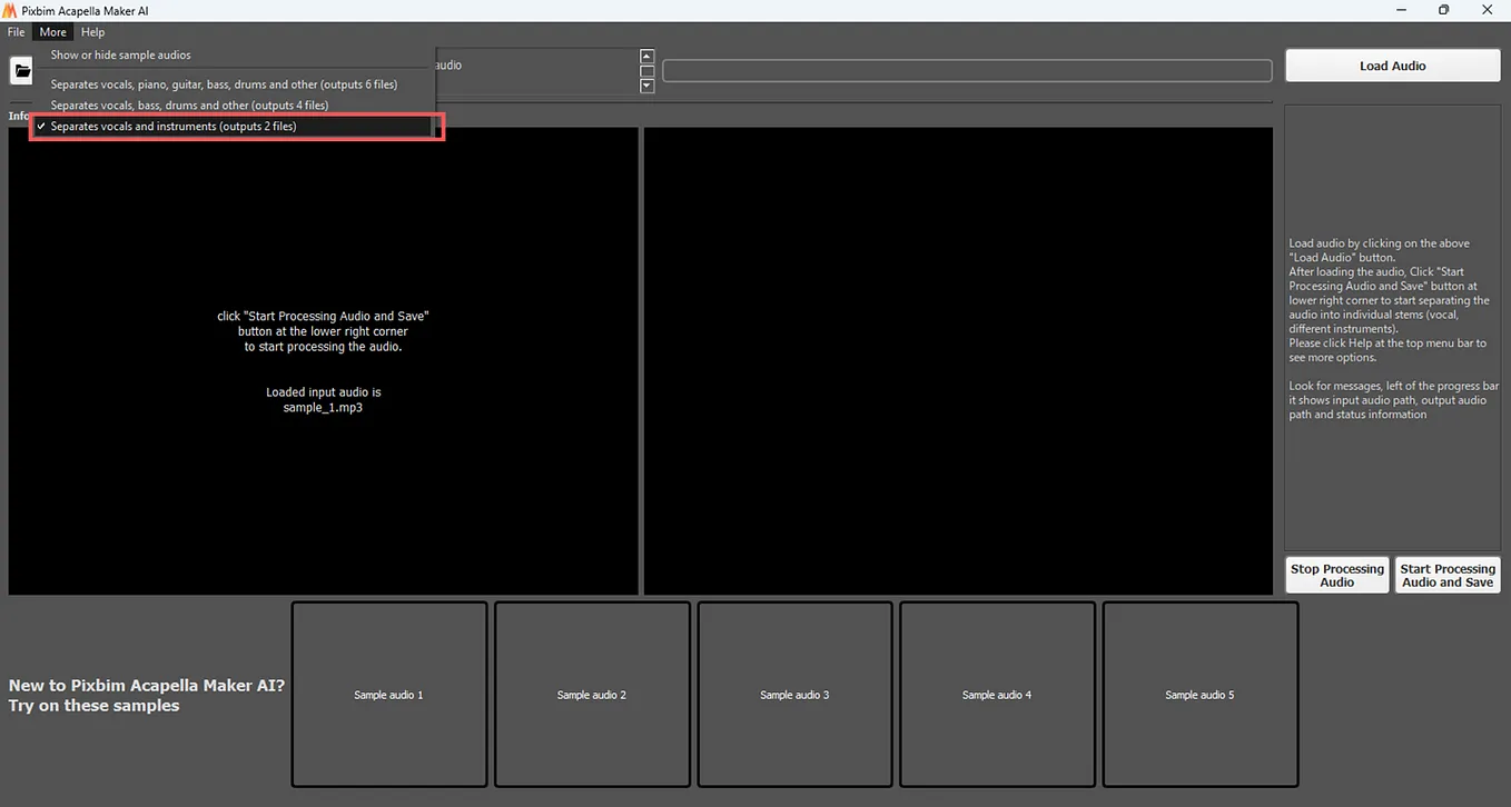 The highlighted option ‘Separates vocals and instruments’ will initiate step for isolating vocals and instruments’ of a song.