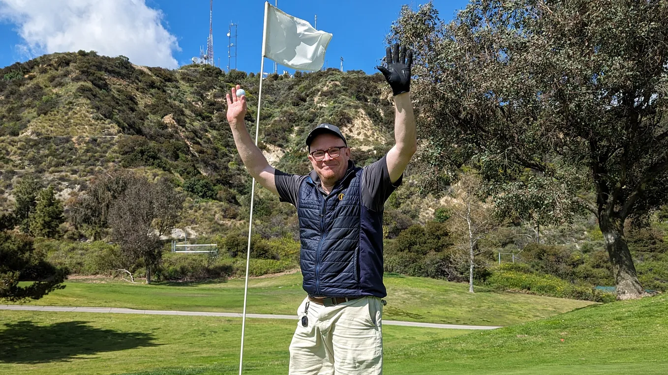 Los Angeles golfer Olsen Ebright celebrates having just made his very first hole-in-one in this photo taken at Scholl Canyon Golf & Tennis Club on April 1, 2024, in Glendale, California.