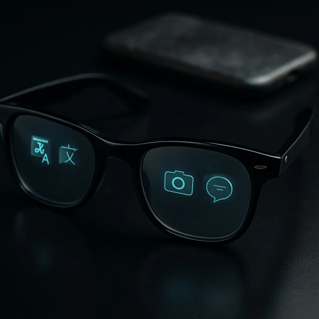 IMAGE: Close-up of sleek smart glasses resting on a dark reflective surface, faint holographic icons for translation, camera and chat glowing in the lenses, with a dusty smartphone blurred in the background