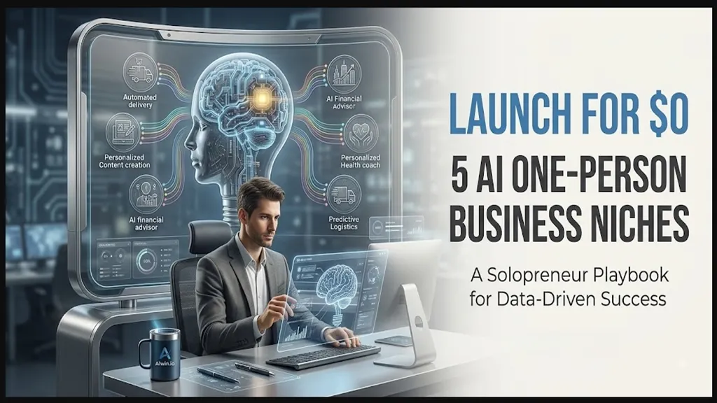 infographic: LAUNCH FOR $0, 5 AI ONE-PERSON BUSINESS NICHES guide for solopreneurs.