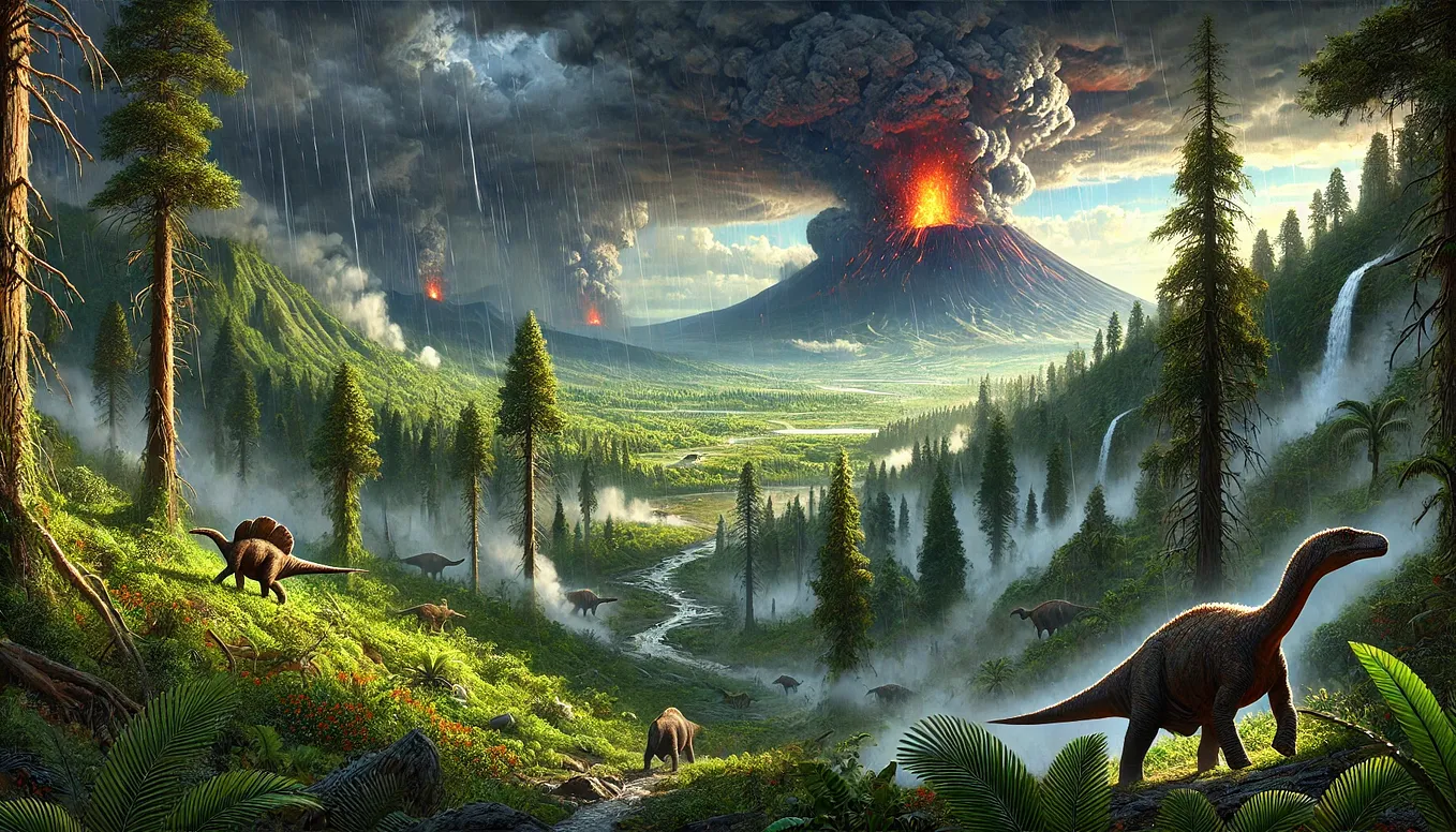 A prehistoric volcanic landscape during the Carnian Pluvial Episode, around 230 million years ago. The scene depicts a massive volcanic eruption with ash and lava spewing into the sky, creating dark clouds and smoke. In the foreground, dense, lush forests are forming due to the increased rainfall, with early dinosaurs and reptiles adapting to the changing environment. The atmosphere is thick and humid, with rain falling, contrasting the fiery eruption with the emerging green landscape. In the ba