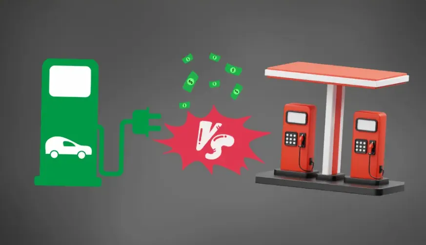 This image visually compares an electric vehicle (EV) charging station (depicted in green) on the left with a traditional gas station (depicted in red) on the right. In the center, there’s a “VS” graphic, along with dollar bills floating, symbolizing a comparison in cost or economic factors between EV charging and gasoline fueling. The gray background gives the image a modern, simplified look.