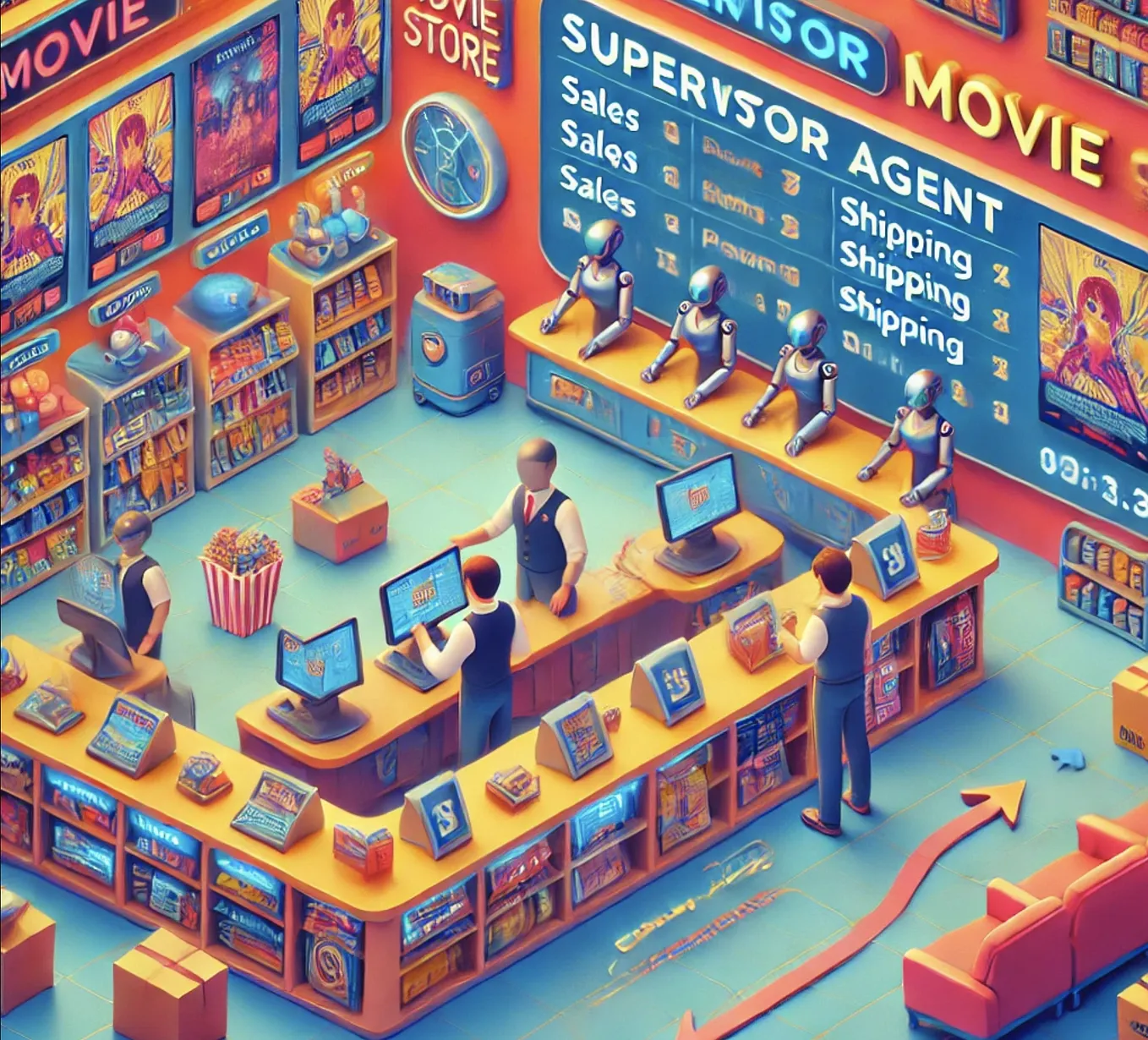 Illustration of a futuristic movie store where a Supervisor Agent coordinates two other agents: a Sales Agent setting movie prices and a Shipping Agent preparing deliveries. The User is at the store counter, requesting a movie by title and release date. The scene features digital displays, robotic arms assisting the agents, and colorful movie posters on the walls, with arrows indicating the flow of tasks between the agents and the Supervisor.