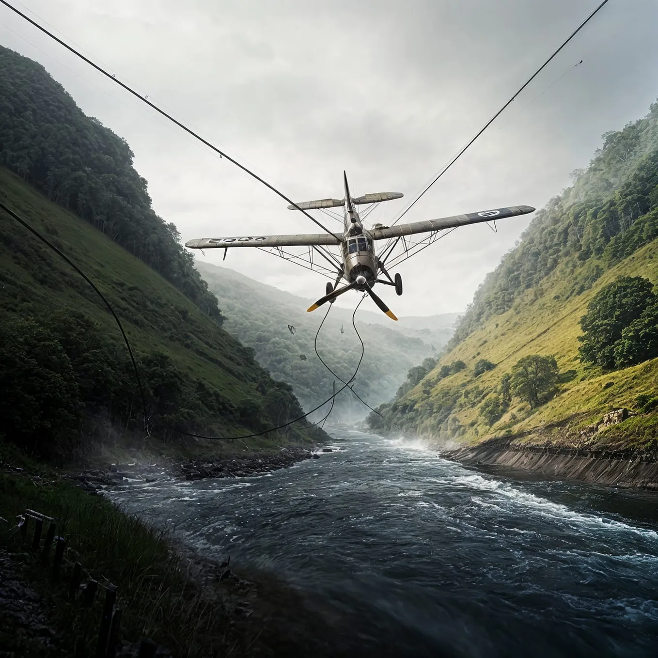 A light aircraft entangled in overhead power Cables