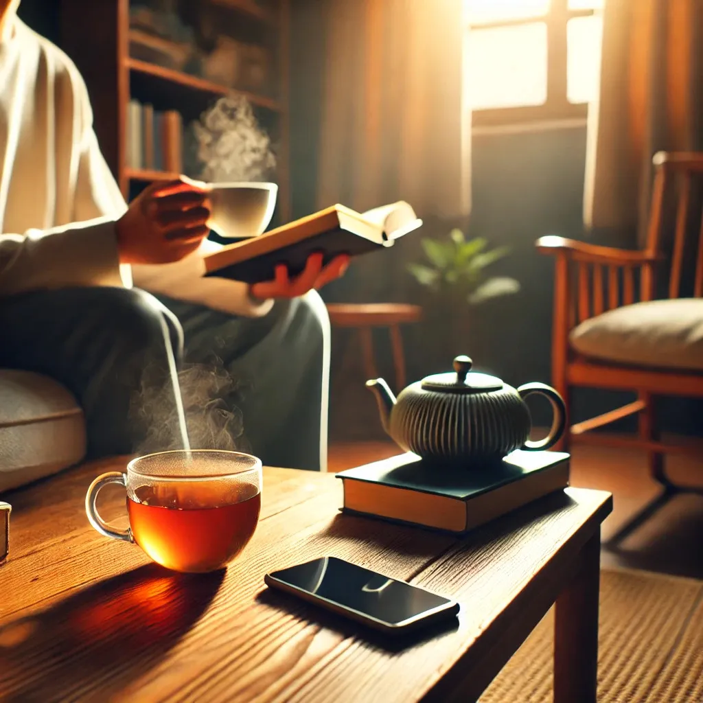 A person sitting peacefully in a cozy room, a smartphone placed face down on a table, with a book and a steaming cup of tea in hand. The scene is calm, with warm lighting and a natural ambiance.