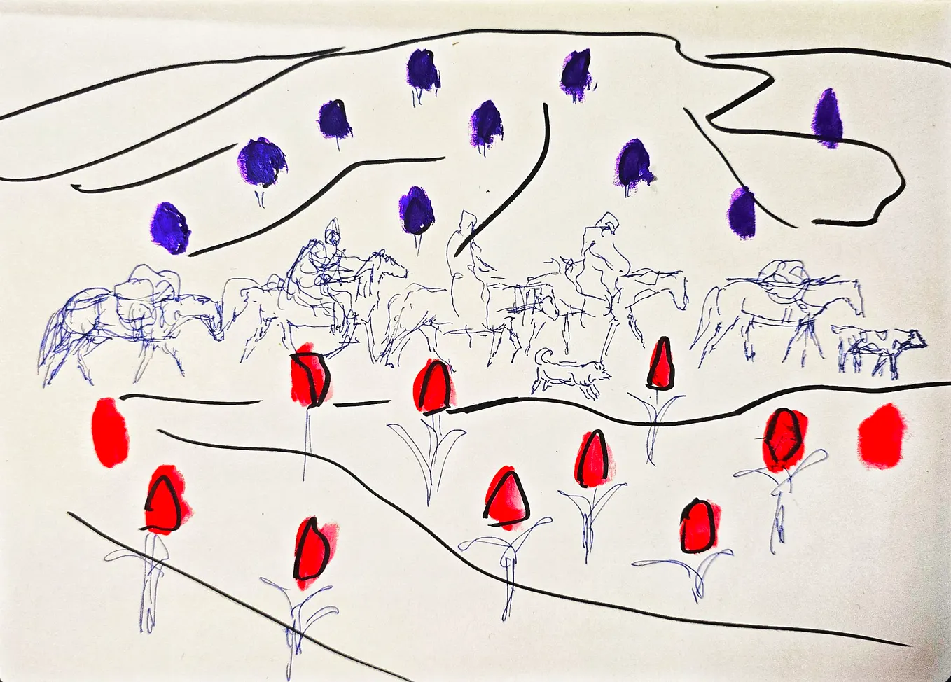 Ink and color sketch of a caravan moving through a landscape of red tulips and dark violet forms.