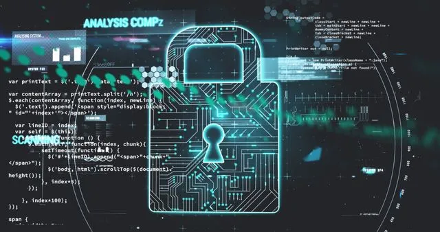 This graphic shows a digital padlock superimposed on code and various data analysis elements, symbolizing cybersecurity and online protection. It is ideal for use in articles, presentations, and websites that focus on cyber defense, encryption technologies, and data privacy.