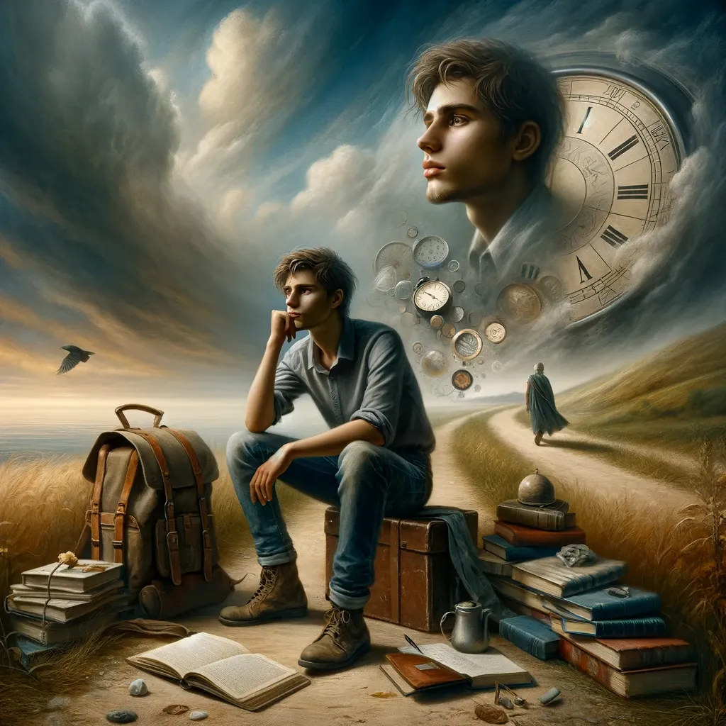 A realistic photographic art image depicting the Bildungsroman theme in coming-of-age stories. It shows a young individual in a contemplative pose, surrounded by symbolic objects like books and journals, set against a backdrop that suggests personal growth and self-discovery. The style is poignant and evocative, capturing the emotional journey from youth to adulthood, focusing on psychological and moral development.