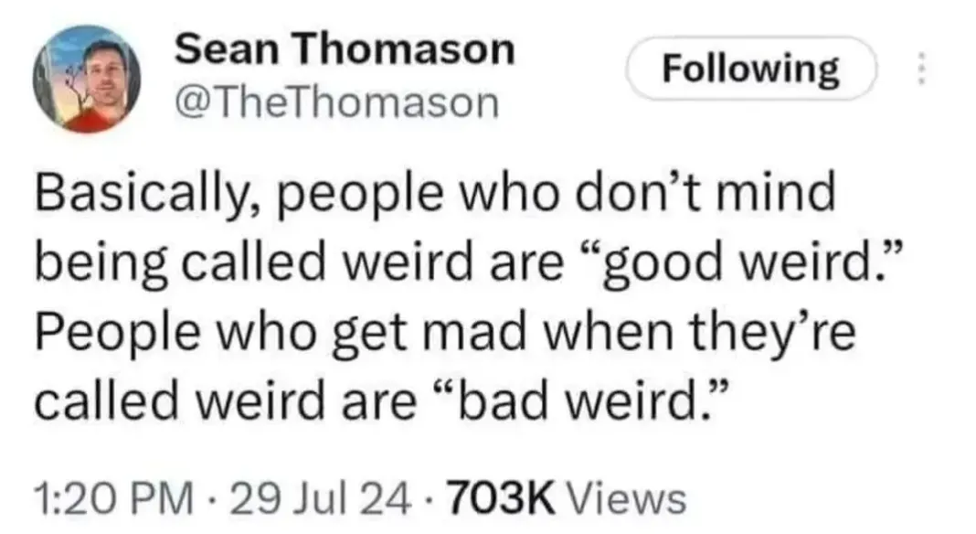 A tweet by Sean Thomason @TheThomason from the 29th of July 2024: Basically, people who don’t mind being called weird are “good weird.” People who get mad when they’re called weird are “bad weird.”